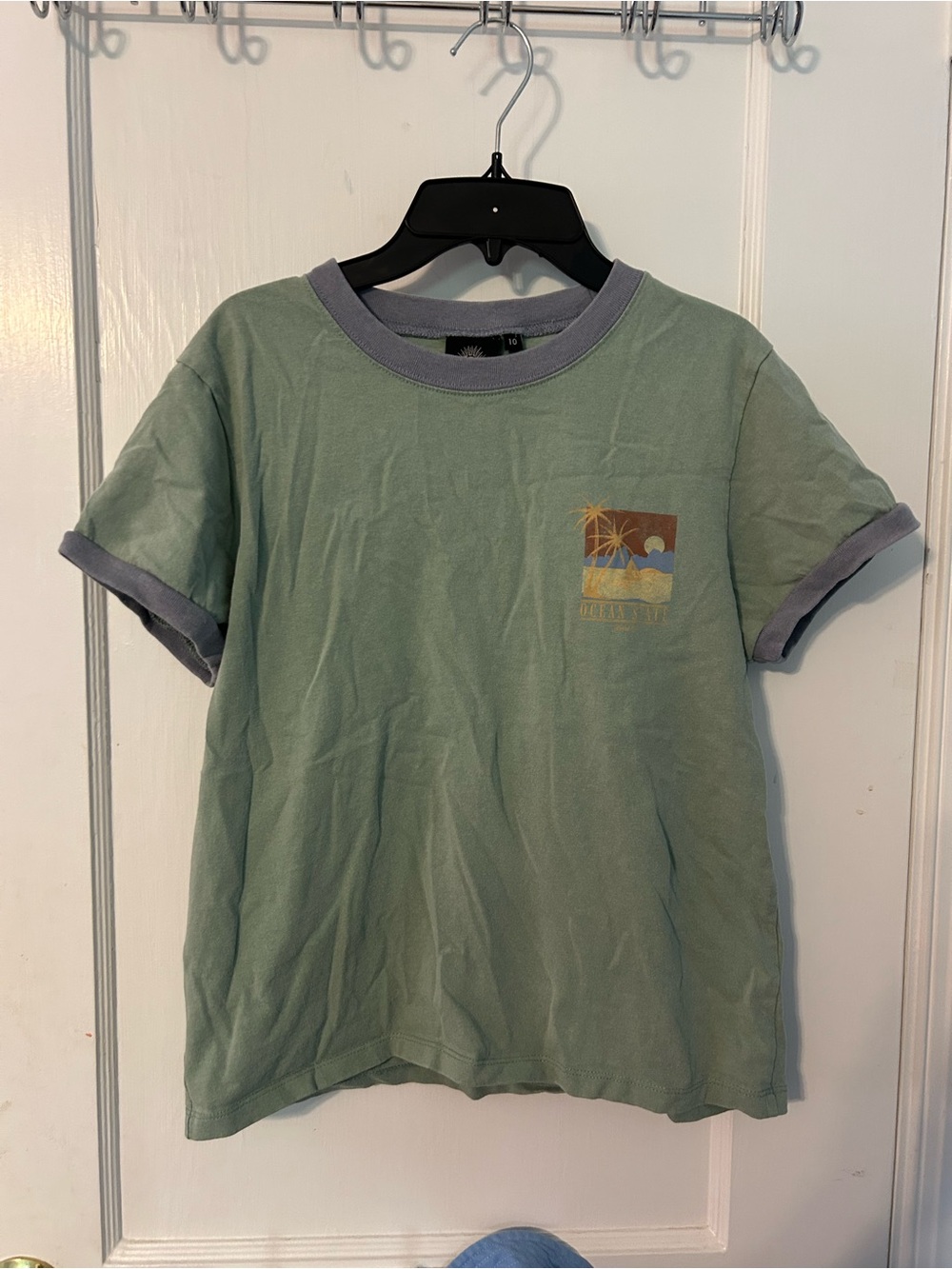 Sage Green Ringer Tee with Sunset Graphic - Picture 1 of 3